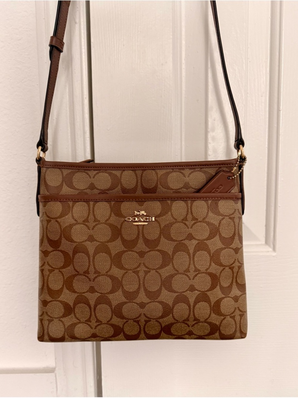 Coach Brown Signature Canvas Crossbody Bag with Leather Trim